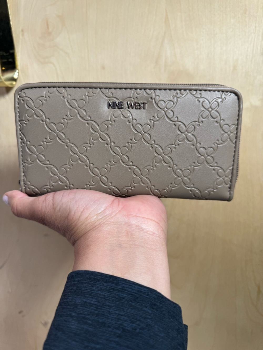 Nine West Taupe Embossed Zip-Around Wallet with Logo Plaque